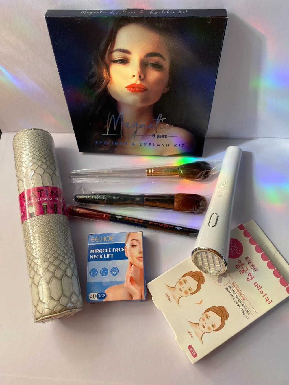 8 Item NWT Beauty TRY OUT Bundle Red Light, Lashes, Face Tape, Makeup Brushes